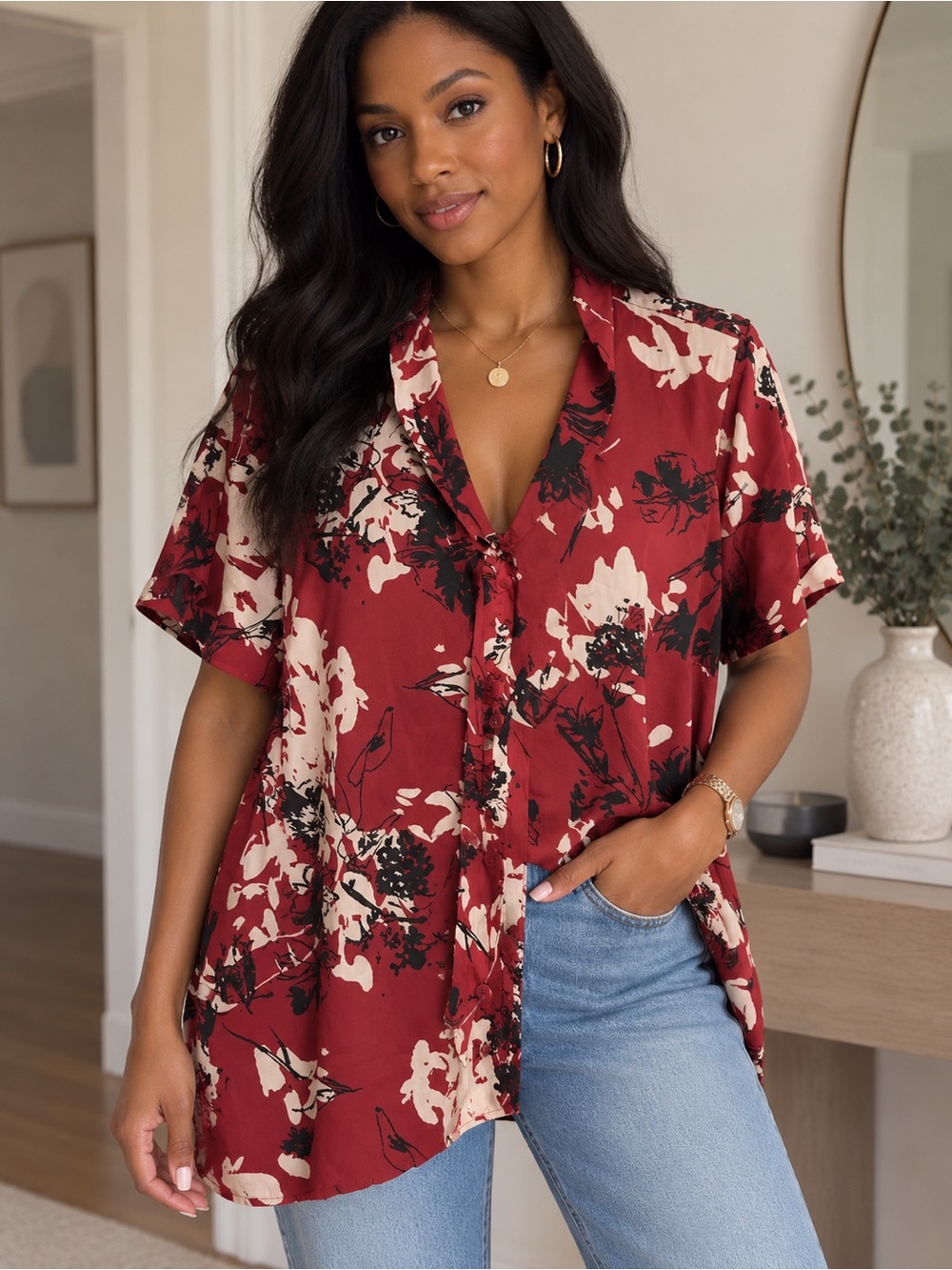 Reitmans Red Floral Tie-Neck Short Sleeve Blouse